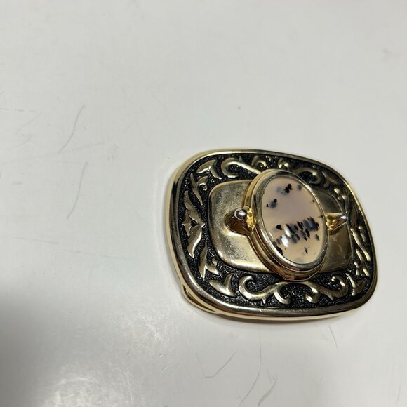 Vtg 80s Western Scroll Belt Buckle Moss Agate Cowboy Cowgirl Gold Tone 3” Lx 2”W main image 5